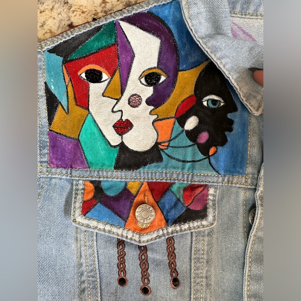 Handpainted modern art cubist style on denim jean jacket OOAK sz SM/MD - Picture 5 of 12